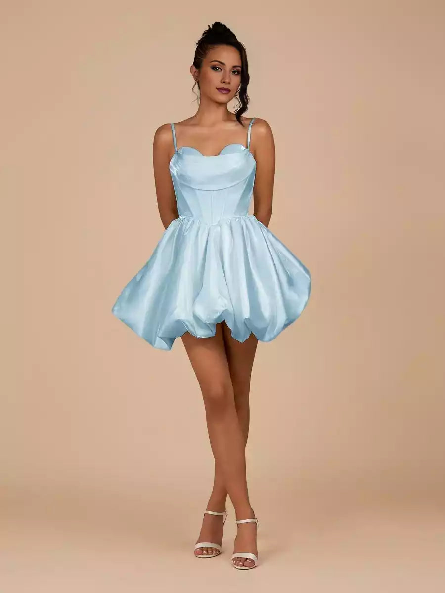 Charming satin mini short heart-shaped collar sleeveless corset with bubble hem and lace up back Homecoming Dresses